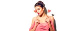 Valentines Day. Beauty joyful young fashion model girl with Valentine heart shaped cookies in her hands