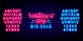Valentines Day Big Sale neon sign with alphabet. Light advertising. Discount signboard for shop. Vector illustration