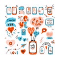 Valentines Day big set doodle icon message Virtual Love. Internet Love, mobile phone, monitor, video, audio, talk, chat Royalty Free Stock Photo