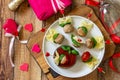 Valentines day or birthday romantic dinner. Pasta cooked in the form of canapes, meatballs.