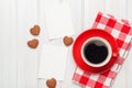 Valentines day blank photo frames, coffee cup and heart shaped c