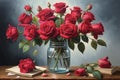 A bouquet of red roses in a glass vase on a table. AI art generated Royalty Free Stock Photo