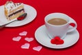 Valentines Day Breakfast With Cooffee and biscuit cake on red background Royalty Free Stock Photo