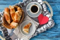 Valentines day breakfast with croissants and tea Royalty Free Stock Photo