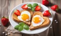 Valentines day brunch or breakfast with toasts, eggs, berries and mint leaves Royalty Free Stock Photo