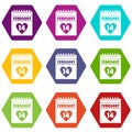 Valentines day calendar icon set color hexahedron