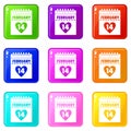 Valentines day calendar icons 9 set