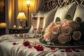 Valentines Day. Captivating Image of a Bedroom Adorned with Roses, Champagne and Candlelight for a Romantic Evening. Ai generated