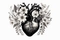 Valentines day card. Anatomical heart with flowers. Black and white ink illustration Royalty Free Stock Photo