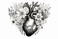 Valentines day card. Anatomical heart with flowers. Black and white ink illustration Royalty Free Stock Photo