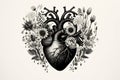 Valentines day card. Anatomical heart with flowers. Black and white ink illustration