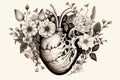 Valentines day card. Anatomical heart with flowers. Black and white ink illustration Royalty Free Stock Photo