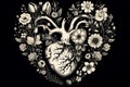 Valentines day card. Anatomical heart with flowers. Black and white ink illustration Royalty Free Stock Photo