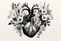 Valentines day card. Anatomical heart with flowers. Black and white ink illustration Royalty Free Stock Photo