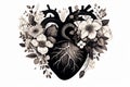 Valentines day card. Anatomical heart with flowers. Black and white ink illustration Royalty Free Stock Photo