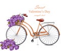 Valentines Day card with bicycle and flowers bouquet Vector. Greeting card romantic designs Royalty Free Stock Photo