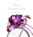 Valentines Day card with bicycle and flowers bouquet Vector. Greeting card romantic design Royalty Free Stock Photo