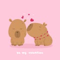 Valentines day card with capybara couples in love