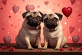 Valentines Day card with cartoon pug dogs kissing