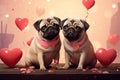 Valentines Day card with cartoon pug dogs kissing