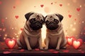Valentines Day card with cartoon pug dogs kissing