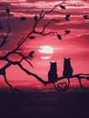 Valentines day card with cats at sunset