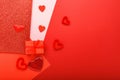 Valentines day card with copy space frame. Red background with hearts present gift ribbon. Concept of Valentine Day Love Romance Royalty Free Stock Photo