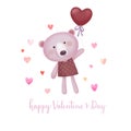 Valentines Day card with cute bear holding red heart shaped balloon Royalty Free Stock Photo