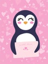 Valentines day card with cute funny penguin holds love letter with hearts. Hand drawn vector illustration. Scandinavian style flat Royalty Free Stock Photo