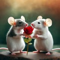 Valentines Day card. Cute pair of mice and red rose. Love concept