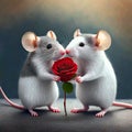 Valentines Day card. Cute pair of mice and red rose. Love concept