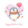 Valentines Day card cute penguin holding red shaped heart balloon