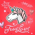 Valentines day card with cute unicorn animal, stickers and hand drawn letters Royalty Free Stock Photo