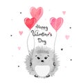 Valentines day card with cute watercolor hedgehogs in love with heart balloon