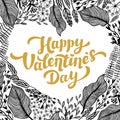 Valentines day card design. Golden Lettering and heart shape Flowers frame. Royalty Free Stock Photo