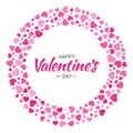 Valentines Day card design. Love circle frame from pattern gentle pink hearts isolated on white background.