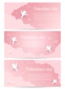 Valentines Day card design set. Cupid silhouette with bow and arrow. Pink white heart background. Flying Angel. Amur symbol of Royalty Free Stock Photo