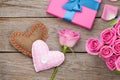 Valentines day card with gift box full of pink roses and handmaded toy hearts Royalty Free Stock Photo
