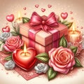 Valentines Day Card with Gift Box, Rose Flower, and Scattered Hearts. Generative ai for illustrations Royalty Free Stock Photo