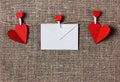 Valentines day card with hearts on a sacking or hessian or burlap background Royalty Free Stock Photo