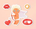 Valentines Day card. Holiday, event, festive letter. Beautiful happy cupid flying in clouds. Blonde angel holding arrow
