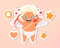 Greeting card. Holiday, event, festive letter. Beautiful happy cupid flying in clouds. Blonde angel holding arrow with