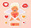 Greeting card. Holiday, event, festive letter. Beautiful happy cupid flying in clouds. Blonde angel holding love heart
