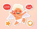 Greeting card. Holiday, event, wedding, festive letter. Beautiful happy cupid flying in clouds. Blonde angel holding