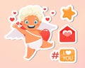 Greeting card. Holiday, event, festive letter. Beautiful happy cupid flying in clouds. Blonde angel waving. I love you