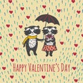 Valentines Day card with illustrated raccoon couple and heart rain