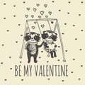 Valentines Day card with illustrated raccoon couple on swing