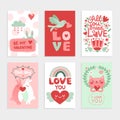 Valentines day card. Love pink design with heart, cute bird and happy rabbits, cat and romantic lettering vector Royalty Free Stock Photo