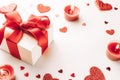Valentines day card: red love hearts, romantic gift box, candle on white background. February romance present card Royalty Free Stock Photo