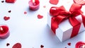 Valentines day card: red love hearts, romantic gift box, candle on white background. February romance present card Royalty Free Stock Photo